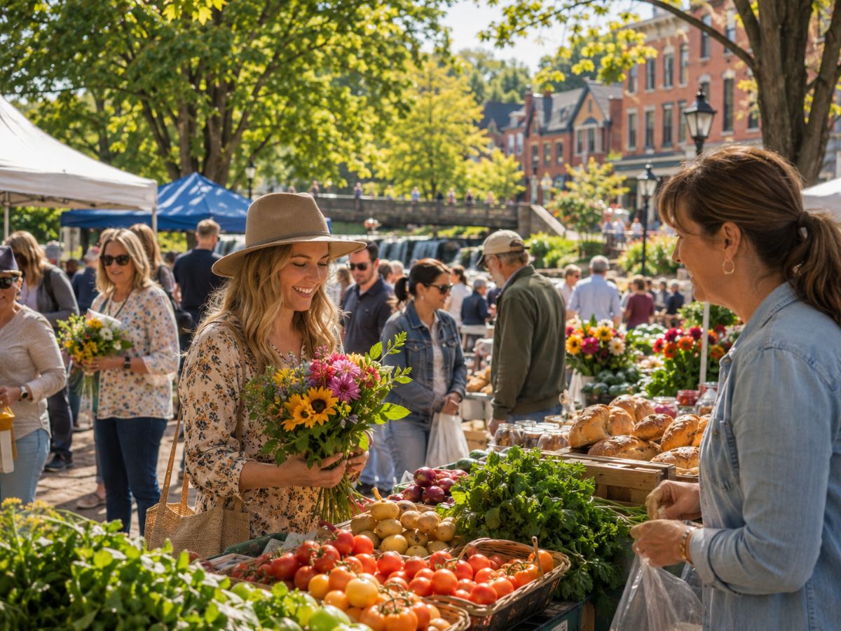 Vendors and shoppers at the Chagrin Falls Farmers Market in Triangle Park