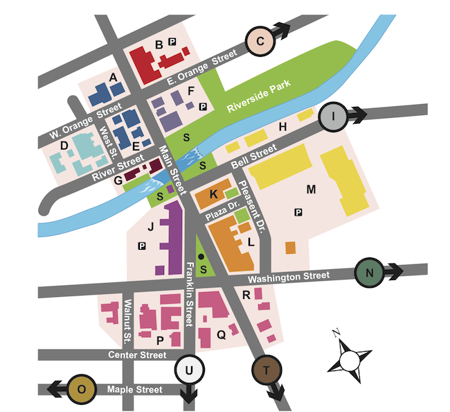 Downtown Chagrin Falls parking map showing lot locations and street parking